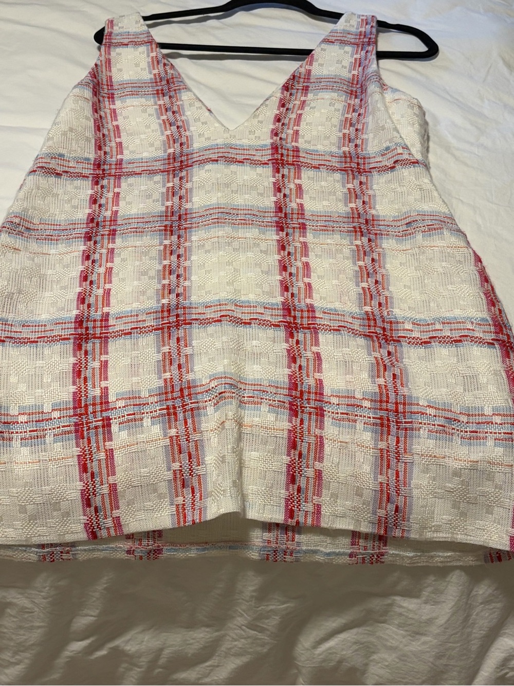 STAUD White Plaid Tank Dress with Pink and Red Stripes